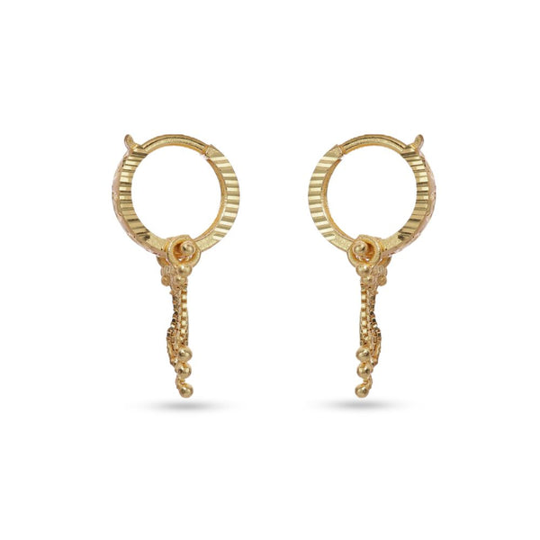 Pair of gold hoop earrings on a white background