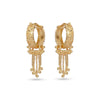 Gold hoop earrings with dangling designs on a white background