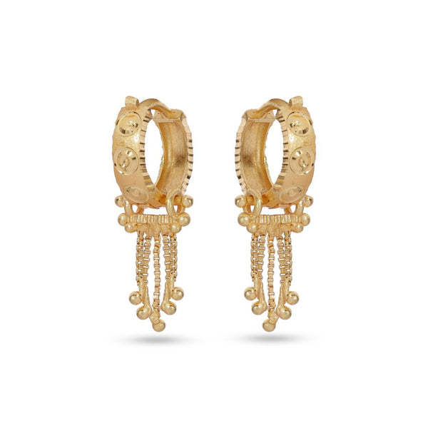 Gold hoop earrings with dangling designs on a white background