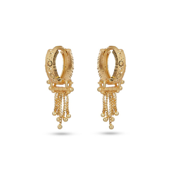 Gold hoop earrings with dangling chains on a white background