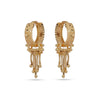 Gold hoop earrings with dangling beads on a white background
