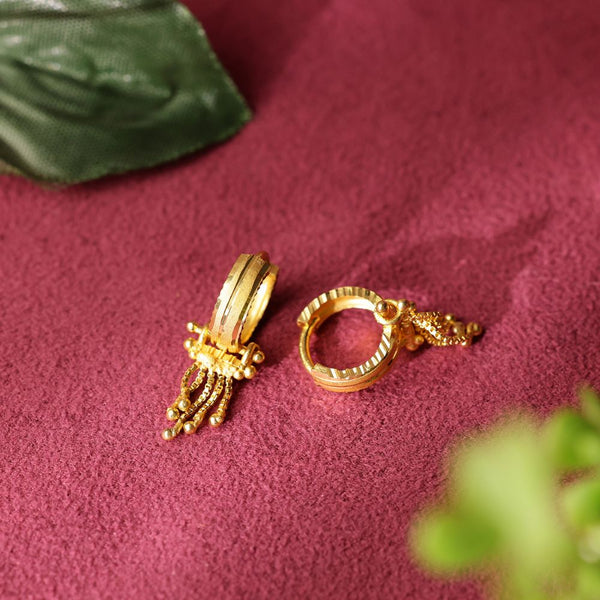 Gold hoop earrings on a textured red surface with green leaves.