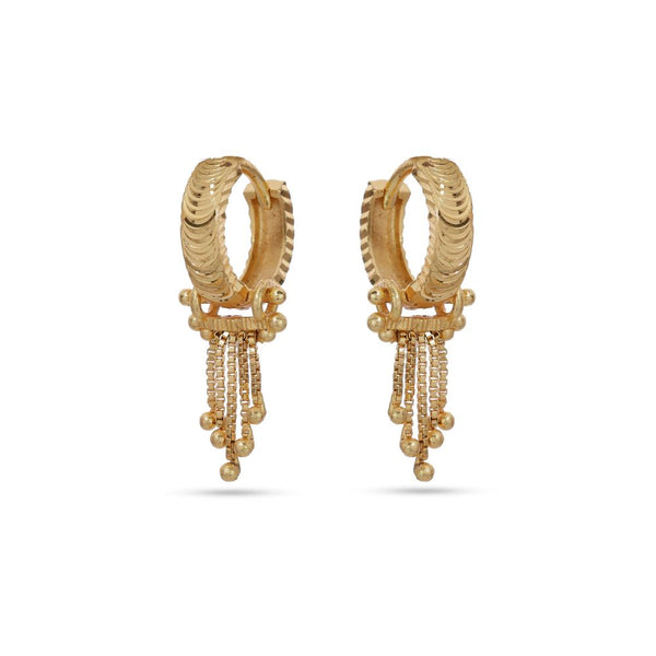 Gold hoop earrings with dangling elements on a white background