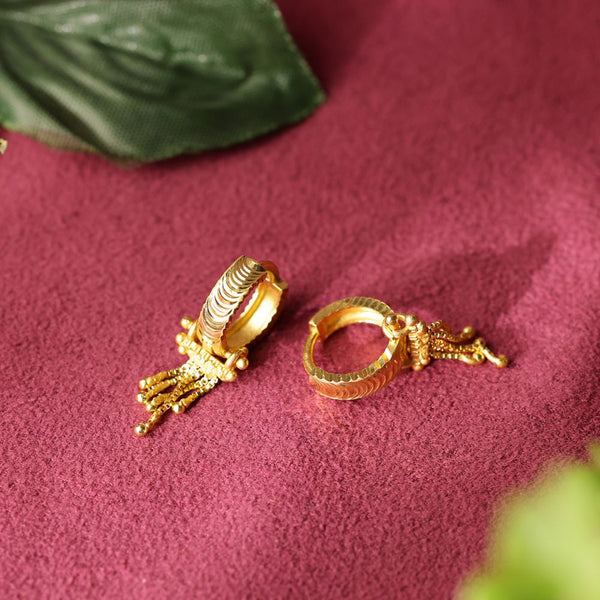 Gold hoop earrings on a textured red surface with green leaves.