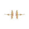 Gold hoop earrings with pink gemstones on a white background