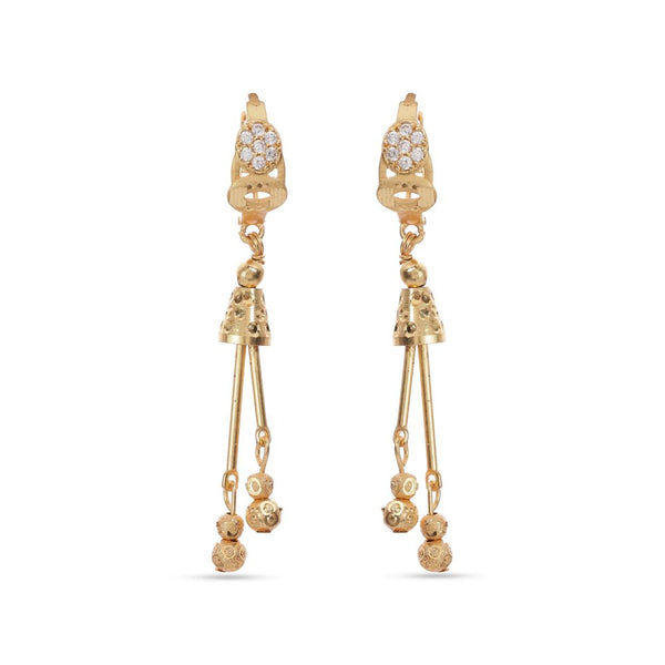 Gold skull earrings with dangling elements on a white background