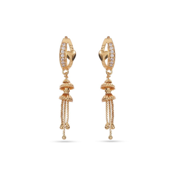 Gold earrings with dangling elements on a white background