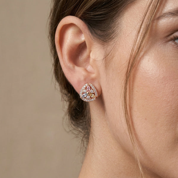 Tri-Glow Floral Crystal Stud Earrings