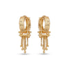 Gold hoop earrings with dangling beads on a white background