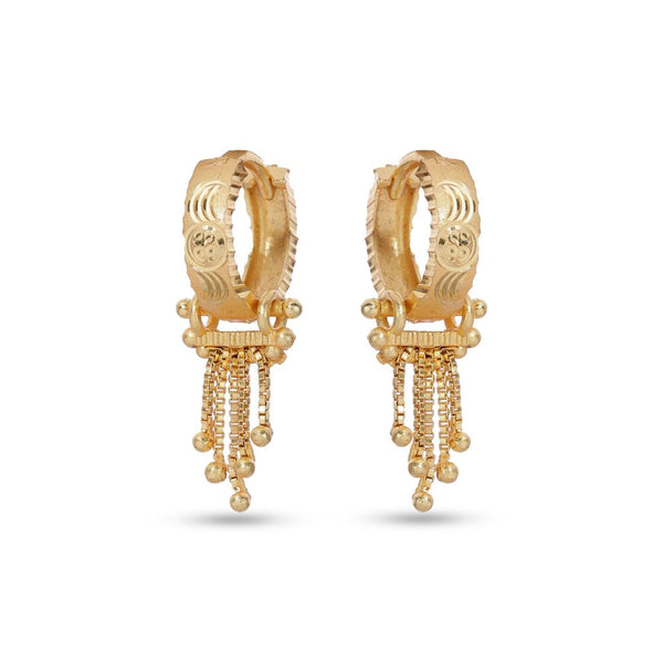 Gold hoop earrings with dangling beads on a white background