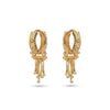 Gold hoop earrings with dangling chains on a white background