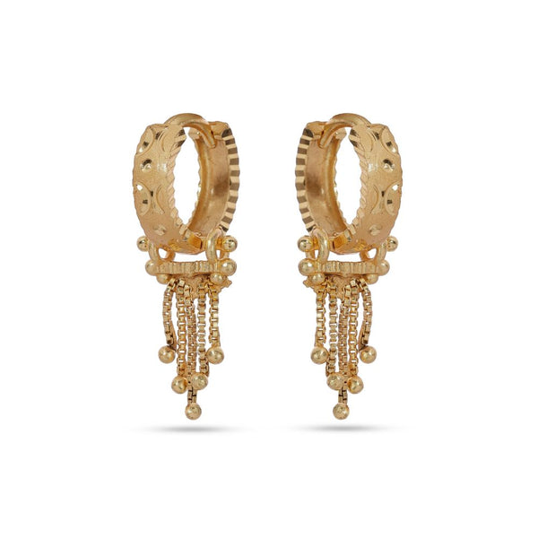 Gold hoop earrings with dangling beads on a white background