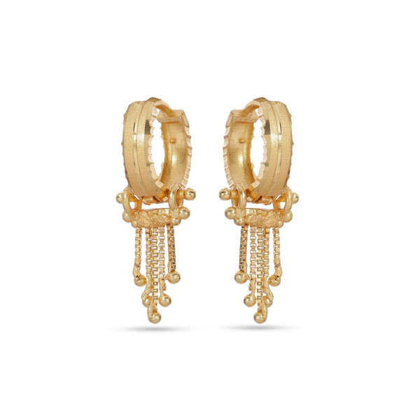 Gold hoop earrings with dangling elements on a white background