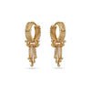 Gold hoop earrings with dangling elements on a white background