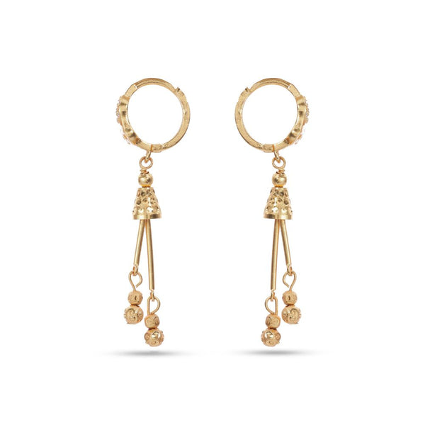 Pair of gold earrings with dangling elements on a white background