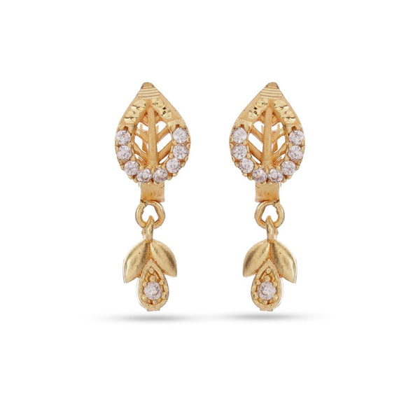 Gold earrings with leaf designs on a white background